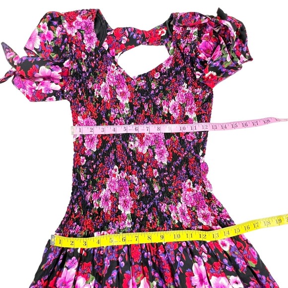 PANTAGIS Vtg 80s Drop Waist Floral Long Dress Rayon Big Shoulder Cutout Stretch - Picture 14 of 15